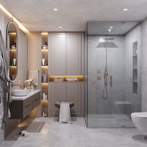 Completed bathroom with a new vanity, fixtures and glass shower